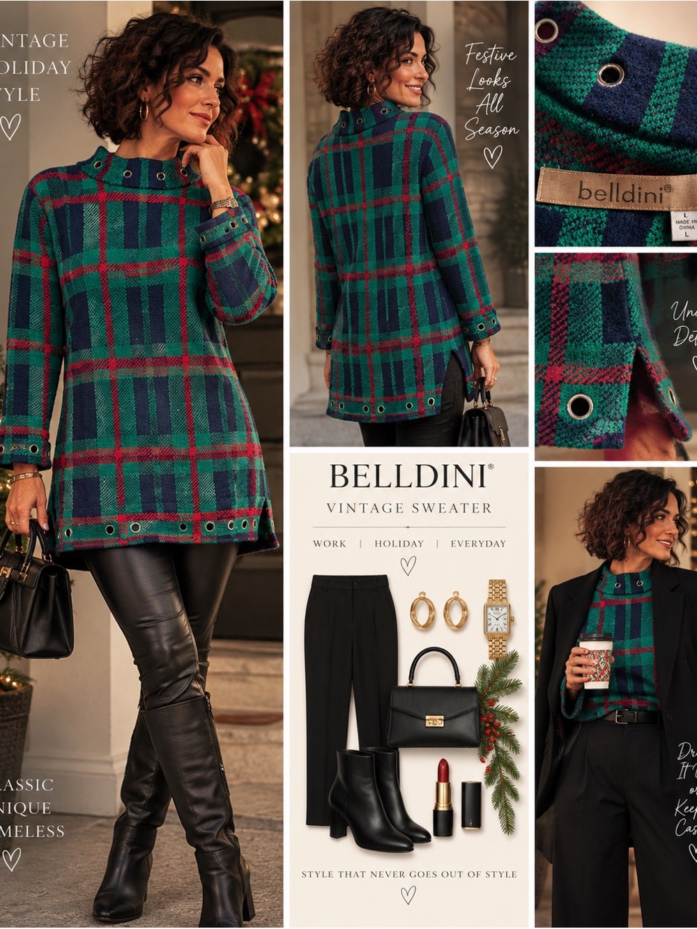 Belldini Teal, Navy & Red Plaid Turtleneck Sweater